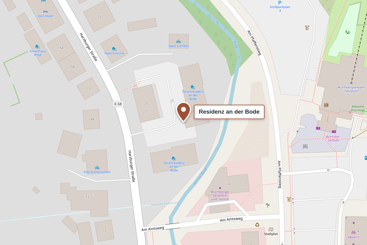 Map of Braunlage with a marker at the Residenz an der Bode, Harzburger Straße 27b and 27c